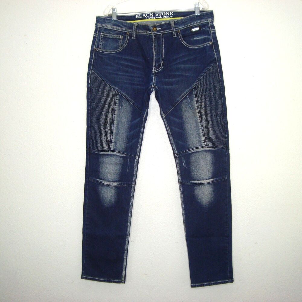 BLACK STONE Original Denim Mens Distressed Moto Blue Denim Jeans